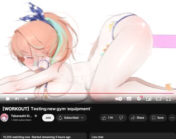 1girl absurdres all_fours blue_hairband blush breasts cleavage colored_inner_hair commentary earrings english_commentary from_side green_hair hairband highleg highleg_leotard highres hololive hololive_english hoop_earrings jewelry large_breasts leotard medium_hair motion_blur multicolored_hair official_alternate_costume official_alternate_hairstyle orange_hair ponytail prab takanashi_kiara takanashi_kiara_(fever_night) top-down_bottom-up virtual_youtuber white_leotard youtube