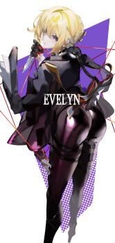1girl absurdres ass character_name evelyn_chevalier from_behind hair_up highres holding holding_knife knife pants purple_eyes romaneiyou solo tight_clothes tight_pants white_background wire zenless_zone_zero