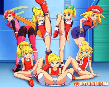 6+girls ass ass_focus bent_over blonde_hair blue_eyes cameltoe capcom female_focus flexible green_eyes hat helmet loli mega_man_(classic) mega_man_(series) mega_man_battle_network mega_man_legends_(series) multiple_girls on_floor panties reit roll.exe_(mega_man) roll_(mega_man) roll_caskett_(mega_man) split spread_legs standing standing_on_one_leg standing_split tiptoes underwear white_panties