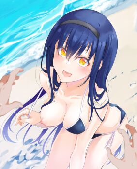 1girl 1other :d alternate_costume bare_shoulders beach bikini bikini_pull bikini_top_pull black_bikini black_hair black_hairband blurry blush breasts cleavage clothes_pull collarbone commentary day depth_of_field dutch_angle eyelashes eyes_visible_through_hair floating_hair from_above hair_between_eyes hair_over_breasts hair_over_shoulder hairband happy highres kushima_kamome large_breasts long_hair looking_at_viewer mu-chu nipples ocean one_breast_out open_mouth outdoors pasties pov pov_hands presenting_breasts pulling_own_clothes side-tie_bikini_bottom sitting smile solo_focus straight_hair summer_pockets sweatdrop swimsuit upturned_eyes very_long_hair yellow_eyes yellow_pupils