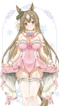 Rule 34 | 1girl, absurdres, akiha (akiha ttt), alternate breast size (larger), animal ears, bare shoulders, bow, bowtie, braid, breasts, brown hair, covered navel, crotch seam, detached collar, double-parted bangs, ear ornament, feet out of frame, fingernails, frills, garter straps, gluteal fold, grey hair, groin, hair between eyes, half up braid, head tilt, highres, horse ears, horse girl, horse tail, jewelry, large breasts, leotard, lips, looking at viewer, multicolored hair, parted lips, pink bow, pink bowtie, pink leotard, satono diamond (umamusume), skindentation, solo, standing, straight-on, strapless, strapless leotard, tail, thighhighs, two-tone hair, umamusume, white garter straps, white thighhighs, wrist cuffs, yellow eyes