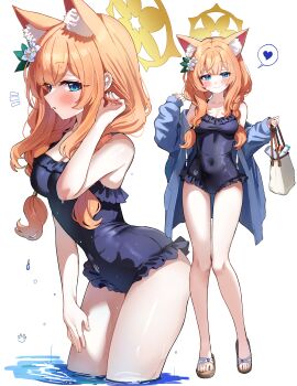 Rule 34 | 1girl, absurdres, animal ear fluff, black one-piece swimsuit, blue archive, blue eyes, blue jacket, blush, braid, breasts, casual one-piece swimsuit, cleavage, closed mouth, commentary, covered navel, flower, frilled one-piece swimsuit, frills, full body, hair flower, hair ornament, halo, heart, highres, jacket, long sleeves, looking at viewer, low twin braids, mari (blue archive), mari (swimsuit) (blue archive), medium breasts, multiple views, official alternate costume, one-piece swimsuit, open clothes, open jacket, orange hair, paw print, sak (lemondisk), sandals, simple background, smile, spoken heart, standing, swimsuit, toes, twin braids, wading, wet, white background, white flower, yellow halo
