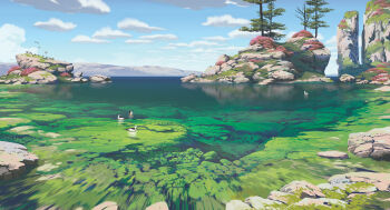 absurdres animal bird blue_sky boulder cloud commentary day english_commentary flock flower grass highres lake landscape lorenzo_lanfranconi moss mountainous_horizon no_humans original outdoors painterly pink_flower reflection reflective_liquid rock scenery shore sky tree water