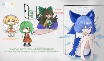Rule 34 | 5girls, :3, :d, absurdres, barefoot, blonde hair, bloomers, blue bow, blue eyes, blue hair, bow, brown hair, chibi, cirno, cowering, daiyousei, door, english text, fairy, fairy wings, full body, green bow, green eyes, hair bow, highres, i hate the antichrist (meme), ice, ice wings, just hatto, kazami yuuka, long hair, meme, multiple girls, open mouth, pointing, red eyes, reiuji utsuho, short hair, sitting, smile, summer, sunny milk, touhou, trembling, underwear, white bloomers, wings, yuri