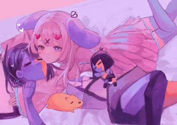 Rule 34 | 2girls, animal, animal ears, character doll, dog, doll, ena (ena), ena (series), ena (web series), happy ena, heterochromia, highres, hourglass dog, mezo (usagimarumei), multiple girls, original, pink hair, rabbit ears, rabbit girl, sad ena, skirt, sleeping, suspender skirt, suspenders, thighhighs, usagimarumei, yuri