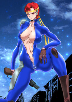 1girl absurdres aoki_ryuusei_spt_layzner biker_clothes bikesuit blue_bodysuit bodysuit breasts city cleavage gloves gun highres large_breasts lever_action red_eyes red_hair short_hair simone_reflann solo unzipped weapon yuri_ai zipper