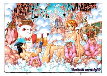 2girls absurdres bag bamboo bath bathing black_hair bow bowtie censored cloud convenient_censoring cowboy_hat crown female_focus gem gold hat high_heels highres jewelry money monkey multiple_girls nami_(one_piece) necklace nico_robin nude oda_eiichirou official_art one_piece orange_hair outdoors panda pearl_(gemstone) pink_fur pink_theme reading same-sex_bathing shared_bathing shoes soap sword tattoo towel treasure treasure_chest weapon