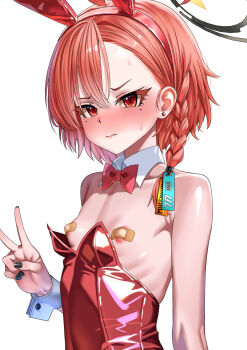 1girl ahoge animal_ears areola_slip bandaid bandaids_on_nipples bare_shoulders black_nails blue_archive blush bow bowtie braid breasts ceijin_(rizalagoenk) closed_mouth collarbone detached_collar earrings embarrassed fake_animal_ears flat_chest hair_between_eyes halo huge_ahoge jewelry large_areolae leotard leotard_pull loli looking_at_viewer mole mole_under_each_eye mole_under_eye multiple_moles nail_polish neru_(blue_archive) neru_(bunny)_(blue_archive) no_jacket official_alternate_costume orange_hair oversized_breast_cup pasties playboy_bunny rabbit_ears red_bow red_bowtie red_eyes red_hair red_leotard short_hair simple_background single_braid small_breasts solo strapless strapless_leotard tag traditional_bowtie upper_body v white_background wrist_cuffs