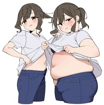 1girl before_and_after belly breasts brown_hair clothes_lift denim dual_persona fat highres jeans medium_breasts navel original pants ponytail shiori_(plzcallmeshiori) shirt_lift sidelocks simple_background weight_gain white_background yellow_eyes