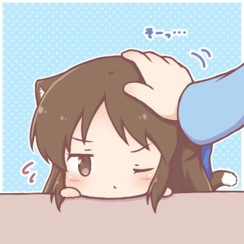 1girl 1other :< ;< animal_ear_fluff animal_ears blue_background blue_bow blush bow brown_eyes brown_hair cat_ears cat_girl cat_tail chibi closed_mouth commentary_request flying_sweatdrops hair_bow headpat idolmaster idolmaster_cinderella_girls kemonomimi_mode long_hair long_sleeves mitarashi_neko motion_lines one_eye_closed polka_dot polka_dot_background solo_focus tachibana_arisu tail translation_request v-shaped_eyebrows