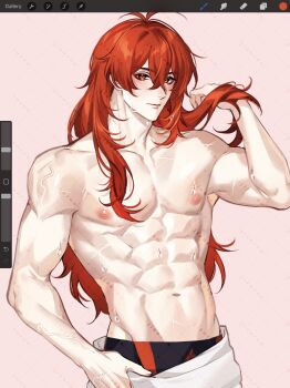 Rule 34 | 1boy, abs, black male swimwear, closed mouth, diluc (genshin impact), genshin impact, hair between eyes, highres, long hair, male focus, male swimwear, multicolored male swimwear, muscular, muscular male, navel, nipples, red eyes, red hair, rourouki, solo, stomach, topless male, towel, towel around waist