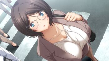 1girl 3others absurdres aqua_eyes black_hair black_shoes black_thighhighs blush breasts briefcase choumai_sui cleavage collarbone earphones from_above game_asset glasses highres holding holding_strap huge_breasts koku looking_at_viewer multiple_others nandome_ka_no_hajimemashite non-web_source official_art pencil_skirt self-datamine shoes skirt solo_focus strap thighhighs visual_novel_cg