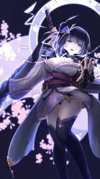 Rule 34 | 1girl, absurdres, artist name, blunt bangs, braid, breasts, bridal gauntlets, cleavage, daran9, electricity, fan hair ornament, floating, genshin impact, glowing, hair ornament, head tilt, highres, holding, holding sword, holding weapon, huge breasts, japanese clothes, katana, kimono, lingerie, looking at viewer, mole, mole under eye, musou isshin (genshin impact), off shoulder, open mouth, purple eyes, purple hair, purple kimono, purple thighhighs, raiden shogun, red sash, ribbon, sash, solo, sword, thighhighs, underwear, weapon, wide sleeves