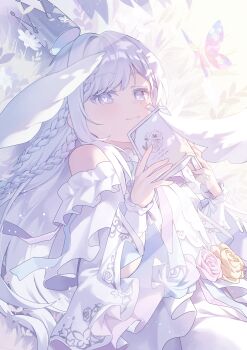 1girl absurdres bare_shoulders book braid bug butterfly butterfly-shaped_pupils commentary_request cowboy_shot crown dress flower head_wings highres holding holding_book insect kurobikari long_hair looking_at_viewer lying off_shoulder on_back original pink_flower pink_rose purple_eyes rose sidelocks smile symbol-shaped_pupils very_long_hair white_background white_dress white_flower white_hair white_rose wings yellow_flower yellow_rose