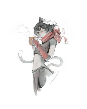 1girl animal_ears black_hair cat_ears cat_girl cat_tail cup holding holding_cup izutsumi kanji_(nievart) red_scarf scarf solo tail white_background