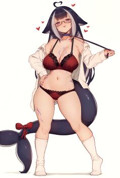 1girl :3 :p absurdres ahoge black_hair blue_collar body_markings bow bra breasts center-flap_bangs cetacean_tail cleavage collar commentary dress_shirt english_commentary fins fish_tail glasses gluteal_fold hand_on_own_hip heart heart_ahoge highres indie_virtual_youtuber kneehighs lace lace-trimmed_bra lace-trimmed_panties lace_trim large_breasts leash leash_pull legs_apart long_hair multicolored_hair navel no_shoes off_shoulder open_clothes open_shirt orca_girl panties purple_eyes rectangular_eyewear red_bra red_panties semi-rimless_eyewear shirt shylily socks solo standing streaked_hair tail tail_bow tail_ornament tongue tongue_out two-tone_hair underwear varniskarnis very_long_hair virtual_youtuber white_hair white_shirt white_socks