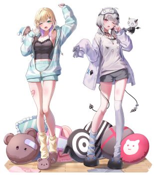 2girls animal_slippers asumi_sena asymmetrical_legwear bear_hair_ornament black_hair black_slippers blonde_hair bow breasts brown_slippers chacha_zo cleavage colored_inner_hair fang full_body green_eyes grey_hair grey_thighhighs hair_bow hair_ornament hairclip highres jacket kurumi_noah large_breasts leg_tattoo long_sleeves looking_at_viewer medium_hair midriff mismatched_legwear multicolored_hair multiple_girls multiple_tails navel one_eye_closed open_clothes open_jacket open_mouth pink_eyes purple_hair shirt short_shorts shorts simple_background sleep_mask sleepwear sleepy slippers socks standing streaked_hair stretching striped_clothes striped_socks stuffed_animal stuffed_toy tail tattoo teddy_bear thighhighs two-tone_hair two_tails uneven_legwear virtual_youtuber vspo! white_background yawning yellow_socks