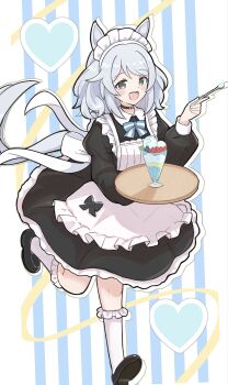 1girl animal_ears apron black_choker black_dress blue_bow blue_bowtie blush bow bowtie breasts brown_eyes choker commentary_request dress food grey_hair heart highres hishi_miracle_(umamusume) holding holding_spoon holding_tray horse_ears horse_girl horse_tail long_sleeves looking_at_viewer maid maid_apron maid_headdress medium_hair open_mouth parfait shoes smile socks solo spoon sunanuko_(ramuneko) tail tray umamusume white_apron white_headdress white_socks