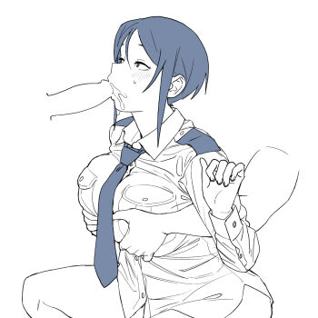 Rule 34 | 1girl, 2boys, blush, bottomless, breasts, chouno ami, cum, cum in mouth, disembodied penis, fellatio, girls und panzer, grabbing another's breast, grabbing from behind, groping, hetero, highres, large breasts, multiple boys, onsen tamago (hs egg), oral, penis, short hair, sketch