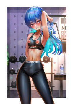 1girl absurdres alternate_costume angry arm_behind_back arm_up armpits blue_eyes blue_hair blush border bottle breasts breath closed_mouth collarbone commentary earrings exercise_machine feet_out_of_frame green_ribbon grey_eyes gym hair_ornament hair_ribbon highres hololive hoshimachi_suisei indoors jagoo jewelry large_variant_set long_hair looking_at_viewer multicolored_hair nipple_cutout nipples official_alternate_hair_length official_alternate_hairstyle pants plant ribbon small_breasts sports_bra sportswear star_(symbol) star_hair_ornament stomach sweat two-tone_hair variant_set virtual_youtuber water_bottle weights white_border