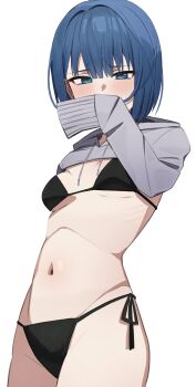 Rule 34 | 1girl, bikini, black bikini, blue eyes, blue hair, blush, bob cut, breasts, commentary, covering own mouth, cowboy shot, derivative work, drawstring, grey shrug, groin, hair between eyes, half-closed eyes, highres, hood, hood down, hooded shrug, kiritani haruka, long sleeves, looking at viewer, navel, nqmles, project sekai, ribs, short hair, shrug (clothing), side-tie bikini bottom, sidelocks, simple background, skinny, sleeves past fingers, sleeves past wrists, small breasts, solo, stomach, string bikini, swimsuit, tsurime, underboob, untranslatable commentary, white background