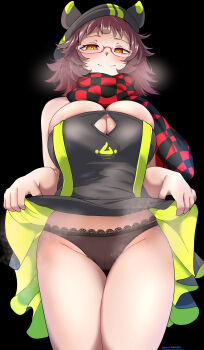 1girl absurdres ankodaihuku arknights bare_shoulders black_background black_dress black_hat black_panties black_scarf breasts brown_hair checkered_clothes checkered_scarf cleavage cleavage_cutout cleft_of_venus closed_mouth clothes_lift clothing_cutout commentary_request cowboy_shot deepcolor_(arknights) dress dress_lift glasses green_dress hat highres large_breasts lifting_own_clothes looking_at_viewer orange_eyes panties presenting pussy red-framed_eyewear red_scarf scarf seductive_smile semi-rimless_eyewear short_hair simple_background smile solo split_mouth steaming_body strapless strapless_dress thighs twitter_username two-tone_dress under-rim_eyewear underwear upskirt variant_set