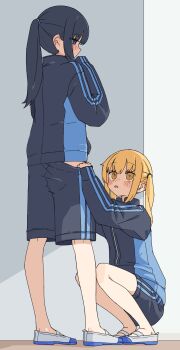 2girls absurdres black_hair blonde_hair blue_eyes blue_jacket blue_shorts blush clothes_pull highres jacket kopaka_(karda_nui) multiple_girls original parted_lips ponytail shoes shorts shorts_pull squatting standing track_jacket twintails white_shoes yellow_eyes yuri