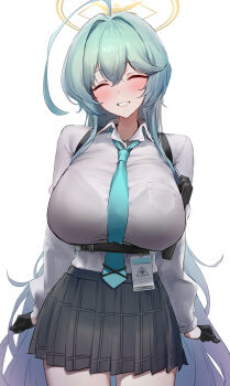 1girl absurdres ahoge black_gloves blue_archive blush bra bra_visible_through_clothes breasts chest_harness closed_eyes collared_shirt cowboy_shot gloves grey_skirt grin halo harness highres huge_breasts large_breasts long_hair long_sleeves monegi necktie shirt simple_background skirt smile solo thigh_gap underwear very_long_hair white_background white_shirt yume_(blue_archive)