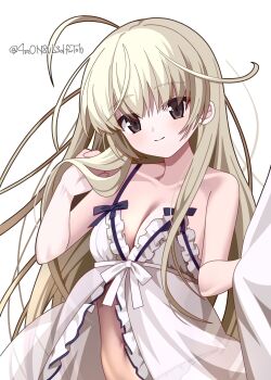 1girl 4rion absurdres artist_name babydoll blonde_hair breasts brown_eyes cleavage closed_mouth commentary_request hand_in_own_hair highres kasugano_sora long_hair looking_at_viewer simple_background small_breasts smile solo twitter_username upper_body white_babydoll white_background yosuga_no_sora