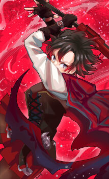 1girl absurdres arms_up artist_name black_hair brown_corset brown_gloves brown_pantyhose cape corset crescent_rose dress eyelashes fingerless_gloves gloves gradient_hair grey_eyes highres holding holding_scythe holding_weapon long_sleeves miku_(mikururun) multicolored_hair pantyhose red_background red_cape red_hair ruby_rose rwby scythe short_hair solo v-shaped_eyebrows weapon