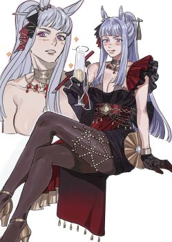 1girl absurdres ammi_(mayflyaa) animal_ears asymmetrical_dress asymmetrical_gloves bare_shoulders black_dress black_gloves blunt_bangs blush breasts cleavage closed_mouth collarbone commentary cup dress drinking_glass ear_ornament elbow_gloves evening_gown gloves gold_ship_(la_mode_564)_(umamusume) gold_ship_(umamusume) grey_hair hair_ornament highres holding holding_cup horse_ears horse_girl jewelry lace lace_gloves large_breasts long_hair looking_at_viewer necklace official_alternate_costume official_alternate_hairstyle parted_lips ponytail purple_eyes single_bare_shoulder smile symbol-only_commentary tongue tongue_out umamusume uneven_gloves wine_glass