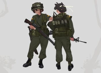 2girls abstract_background absurdres animal_ears assault_rifle backpack bag black_hair boots camouflage_paint canteen cigarette_pack commentary cross cross_necklace crucifix english_commentary explosive gaiters glasses gloves green_eyes grenade gun headband helmet highres holding holding_gun holding_weapon jewelry leaning_on_person limited_palette looking_at_another looking_at_viewer m16 m16a1 machete military_uniform multiple_girls necklace pocket polilla polivia remington_7188 rifle shotgun smoke_grenade sunglasses tongue tongue_out weapon wristband