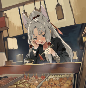 Rule 34 | 1girl, animal ear fluff, animal ears, black jacket, blush, chopsticks, commentary request, food, food art, grey eyes, grey hair, grey shirt, high ponytail, highres, holding, holding chopsticks, jacket, lamb (hitsujiniku), long hair, long sleeves, open mouth, parted bangs, ponytail, shirt, solo, tako-san wiener, thick eyebrows, touhoku itako, upper body, v-shaped eyebrows, very long hair, voiceroid