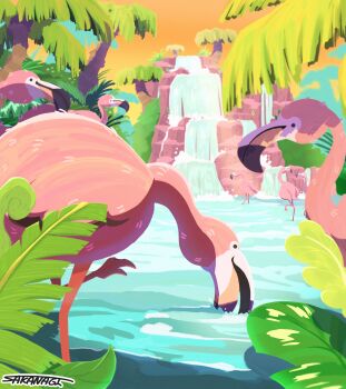 absurdres animal_focus beak bird closed_mouth drinking flamigo flamingo highres jungle nature nintendo no_humans open_mouth orange_sky outdoors pokemon pokemon_(creature) pokemon_focus sakanagi_(a_r_co) sky tree water waterfall