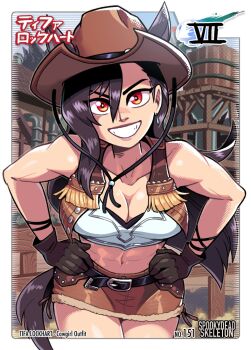 1girl animal_ears breasts character_name cleavage cowboy_hat crop_top cropped_legs final_fantasy final_fantasy_vii gloves hands_on_own_hips hat horse_ears horse_girl horse_tail large_breasts mike_luckas miniskirt official_alternate_costume skirt solo tail tifa_lockhart tifa_lockhart_(cowgirl) toned toned_female vest