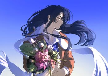 1boy blue_background blue_hair blue_shirt bouquet brown_coat closed_eyes coat collar collared_coat collared_shirt commentary_request d.gray-man facing_to_the_side floating_hair floating_scarf flower gradient_background green_leaf hair_between_eyes highres holding holding_bouquet holding_flower kanda_yuu leaf long_hair long_scarf male_focus open_clothes open_coat pink_flower plant profile qn_(3686124633qn) rose scarf shirt sidelocks solo white_background white_collar white_flower white_rose white_scarf