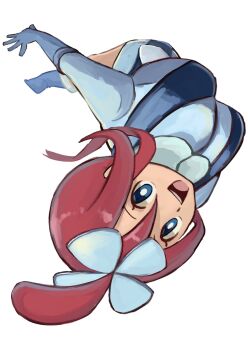 Rule 34 | 1girl, blue boots, blue eyes, blue gloves, blue jacket, blue shorts, boots, breasts, crop top, gloves, hair ornament, highres, jacket, large breasts, looking at viewer, nintendo, one side up, open mouth, pokemon, pokemon bw, red hair, short hair with long locks, short shorts, shorts, sidelocks, simple background, skyla (pokemon), smile, solo, teeth, tikuwabu 33, upper teeth only, upside-down, white background