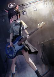 Rule 34 | 1girl, absurdres, amplifier, animal ears, bass guitar, black collar, black hair, black jacket, black socks, blue archive, blunt bangs, breasts, cat ears, closed mouth, clothes around waist, collar, commentary request, earrings, extra ears, feet out of frame, halo, highres, holding, holding instrument, holding plectrum, instrument, jacket, jacket around waist, jewelry, kazusa (band) (blue archive), kazusa (blue archive), music, pink eyes, pink hair, pink halo, playing instrument, plectrum, sabire105, shirt, short hair, short sleeves, small breasts, socks, solo, standing, stud earrings, white shirt