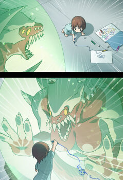 1girl against_glass all_fours black_eyes brown_hair child crayon drawing_(action) drawing_(object) emphasis_lines extra_eyes flying_sweatdrops from_above highres holding holding_crayon layer_(reishuu) monster no_sclera on_floor open_mouth original paper sequential sharp_teeth shirt short_hair size_difference surprised teeth toddler white_shirt yellow_eyes