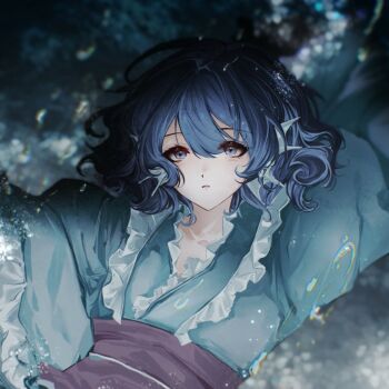 1girl alulue1 aqua_kimono blue_eyes blue_hair blue_kimono bubble collar commentary facing_viewer fins fish_girl frilled_collar frilled_kimono frills head_fins japanese_clothes kimono purple_sash sash solo symbol-only_commentary touhou underwater upper_body wakasagihime wide_sleeves