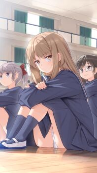 3girls absurdres arms_on_knees blue_shirt blue_skirt blue_socks brown_eyes brown_hair commentary_request foot_out_of_frame highres ina_(inadahime) indoors kneehighs knees_up long_hair looking_at_viewer medium_skirt multiple_girls original panties pantyshot pleated_skirt sailor_collar school_uniform shirt shoes sitting skirt socks tsubaki-chan_(ina_(inadahime)) underwear uwabaki white_panties white_shoes