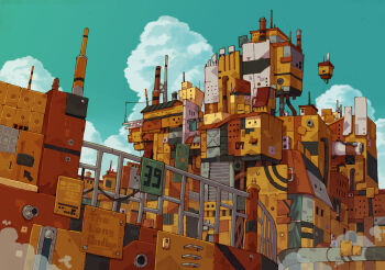 absurdres antennae arrow_(symbol) blue_sky building cloud commentary day english_text exhaust_pipe graphite_(medium) highres industrial_pipe ladder no_humans original outdoors railing rope scenery screw sky smokestack stairs star_(symbol) steam steel_beam stitches tanuki_koubou traditional_media window
