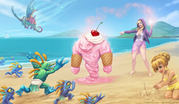2girls :d absurdres adapted_costume angela_o'hara bad_artstation_id bad_id bare_legs barefoot battle beach blonde_hair blue_eyes boat breasts breasts_apart brightwing building building_sand_sculpture cherry chromie_(warcraft) creature dragon elemental_(creature) fairy food fruit full_body heroes_of_the_storm highres hood hood_up hoodie ice_cream ice_cream_cone index_finger_raised jaina_proudmoore lips logo long_hair magic mountain multiple_girls murky murloc ocean open_mouth outdoors pink_sarong pointing purple_hoodie sailboat sand_castle sand_sculpture sarong see-through_clothes see-through_sarong small_breasts smile solo_focus standing summoning sundae swimsuit teeth upper_teeth_only waffle_cone warcraft watercraft whipped_cream world_of_warcraft