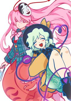 2girls absurdres black_hat blue_shirt bowler_hat bubble_skirt closed_eyes hat hata_no_kokoro highres himuhino komeiji_koishi long_hair mask multiple_girls open_mouth shirt skirt touhou very_long_hair white_background wide_sleeves