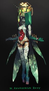 1girl barefoot colored_skin detached_legs floating gradient_background green_eyes green_skin grey_hair hair_between_eyes highres horns long_hair looking_at_viewer monster original outstretched_arms pigeon666 seven_deadly_sins smile solo spread_arms wings
