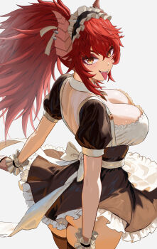 1girl absurdres apron black_dress black_thighhighs breasts cleavage closed_mouth commentary dragon_girl dragon_horns dress english_commentary highres horns indie_virtual_youtuber large_breasts long_hair maid maid_apron maid_headdress meibin ponytail smile solo thighhighs tongue tongue_out virtual_youtuber white_apron white_background white_headdress white_wrist_cuffs wrist_cuffs yellow_eyes zentreya zentreya_(dragon)