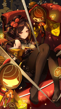 1girl absurdres asymmetrical_sidelocks bare_shoulders black_gloves black_pantyhose brown_hair chiori_(genshin_impact) choker closed_mouth commentary_request couch doll drill_hair drill_ponytail from_above frown genshin_impact gloves grey_kimono hair_ornament hair_stick haori highres holding holding_string japanese_clothes kimono knees_up long_hair looking_at_viewer lying on_couch pantyhose qiyanbujueshi red_eyes ribbon_choker short_kimono sidelocks solo string tamoto_(genshin_impact) tape_measure toes