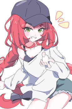 1girl absurdres alternate_costume bare_shoulders baseball_cap black_bow black_tank_top blush bow breasts collarbone commentary_request cowboy_shot fur-trimmed_shorts fur_trim green_shorts grey_eyes grin hair_bow hat highres hutsugyou leaning_to_the_side long_hair looking_at_viewer notice_lines off_shoulder red_hair shirt shorts simple_background small_breasts smile solo tank_top twintails ukinami_yuzuha w white_background white_shirt zenless_zone_zero