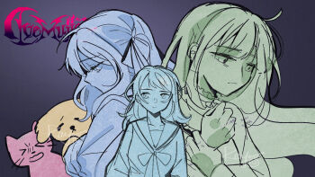 &gt;_&lt; 3girls animalization ave_mujica_(bang_dream!) bang_dream! bang_dream!_it&#039;s_mygo!!!!! cat chinese_commentary choker commentary_request copyright_logo dog floating_hair frilled_choker frills grey_hair hanasakigawa_school_uniform highres logo long_hair medium_hair misumi_uika multiple_girls multiple_monochrome navel school_uniform togawa_sakiko upper_body wakaba_mutsumi yahata_umiri yoyoray20001996 yuutenji_nyamu