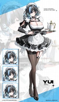 1girl apron asymmetrical_legwear belt belt_collar black_belt black_dress black_nails black_pantyhose black_shoes black_thighhighs blue_bow blue_eyes blue_hair bow breasts carrying character_name chest_harness closed_eyes collar colored_inner_hair commentary crossed_legs cup dress ear_piercing earrings english_commentary english_text frilled_apron frills full_body garter_straps hair_bow hair_ornament hair_over_one_eye hairclip half-closed_eyes hand_on_own_hip harness high_heels highres hiroki_(hirokiart) holding holding_tray jewelry large_breasts light_smile long_sleeves looking_at_viewer maid maid_headdress mole mole_under_eye multicolored_hair multiple_expressions nail_polish o-ring o-ring_belt original pantyhose parallel_hairclips parted_lips piercing shoes short_hair shoulder_carry single_garter_strap single_leg_pantyhose single_thighhigh standing strappy_heels streaked_hair teacup teapot thigh_belt thigh_strap thighhighs tray twitter_username two-tone_hair uneven_legwear very_long_fingernails waist_apron watermark web_address white_apron zoom_layer